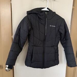 Columbia Girls Medium Black Hooded Puffer Quilted Jacket Coat Winter Rain Zip Up